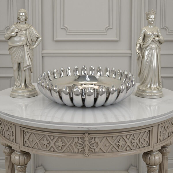 Zoma Accent Bowl, 16 Inch Raised Rounded Edges, Silver Ceramic Body