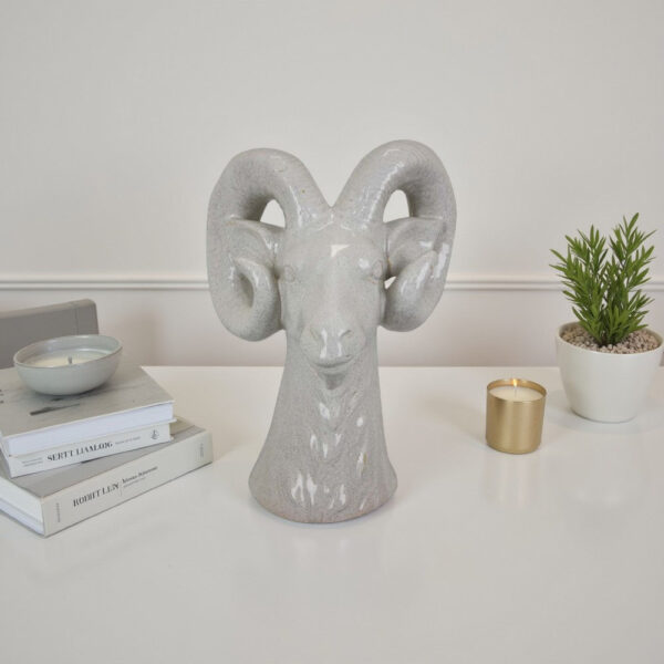 Accent Tabletop Decor, Strong Ram Head Design, White Ceramic 14 Inch
