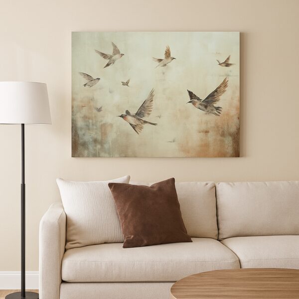 Accent Wall Decor, 36x48, Brown Hand Painted Canvas, Flocking Birds