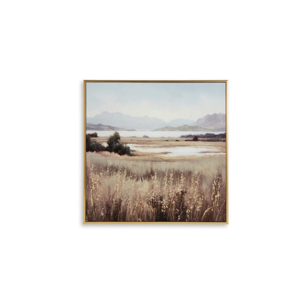 Framed Wall Art, 40x40 Painted Canvas, Lakeside Mountain Landscape