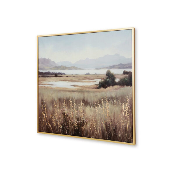 Framed Wall Art, 40x40 Painted Canvas, Lakeside Mountain Landscape