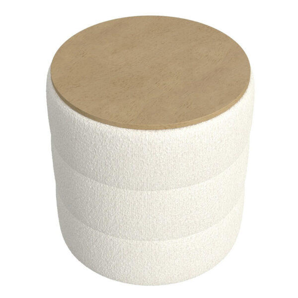 Mona Storage Ottoman, 19 Inch Round Lift Top, Channeled Ivory Boucle