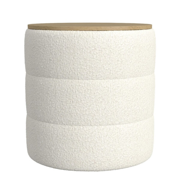 Mona Storage Ottoman, 19 Inch Round Lift Top, Channeled Ivory Boucle