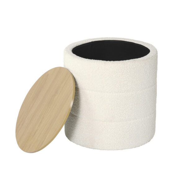 Mona Storage Ottoman, 19 Inch Round Lift Top, Channeled Ivory Boucle