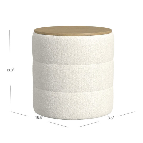 Mona Storage Ottoman, 19 Inch Round Lift Top, Channeled Ivory Boucle