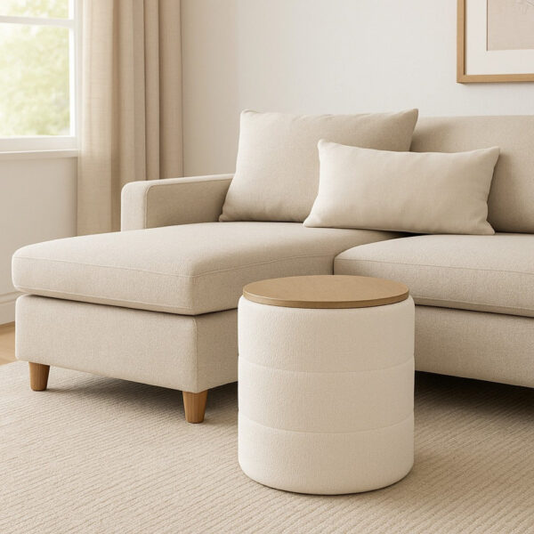 Mona Storage Ottoman, 19 Inch Round Lift Top, Channeled Ivory Boucle