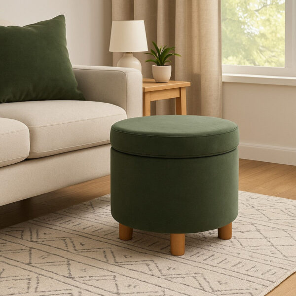 Gio Storage Ottoman, 19 Inch Round Lift Top, Forest Green Velvet