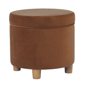 Gio Storage Ottoman, 19 Inch Round Lift Top, Spice Brown Velvet Fabric