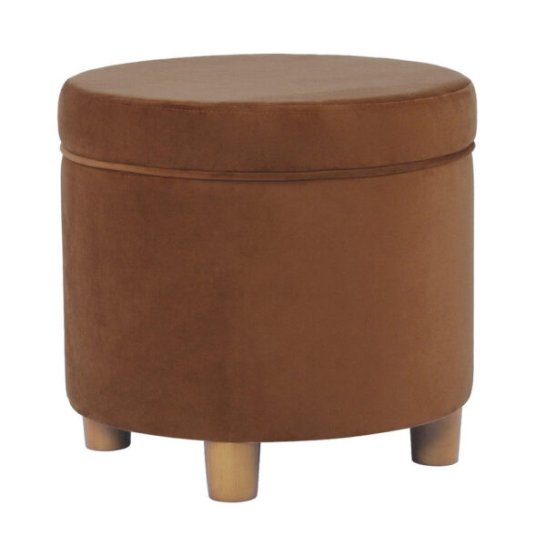 Gio Storage Ottoman, 19 Inch Round Lift Top, Spice Brown Velvet Fabric