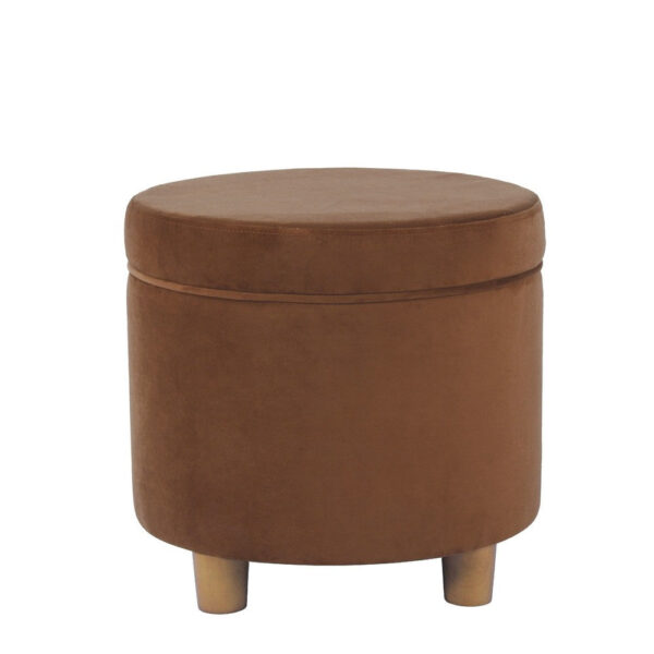 Gio Storage Ottoman, 19 Inch Round Lift Top, Spice Brown Velvet Fabric