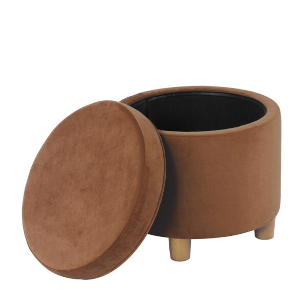 Gio Storage Ottoman, 19 Inch Round Lift Top, Spice Brown Velvet Fabric