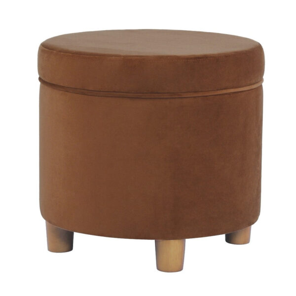 Gio Storage Ottoman, 19 Inch Round Lift Top, Spice Brown Velvet Fabric