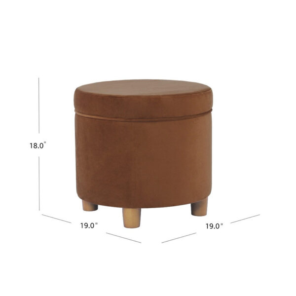 Gio Storage Ottoman, 19 Inch Round Lift Top, Spice Brown Velvet Fabric