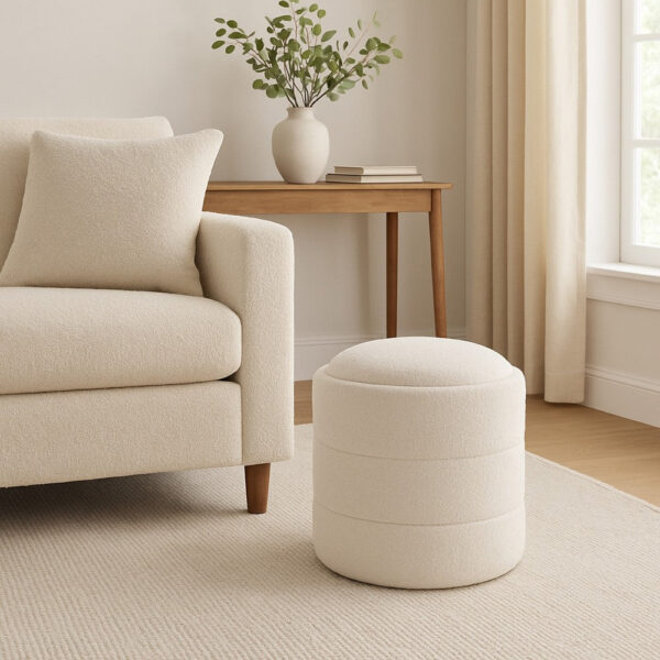Pero Storage Ottoman, 18 Inch Round Removable Lid, White Boucle Fabric