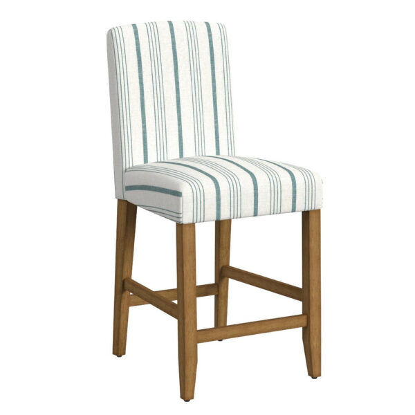 Pior Counter Stool Chair, Blue and White Stripe, Brown Wood Legs