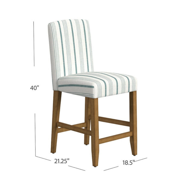 Pior Counter Stool Chair, Blue and White Stripe, Brown Wood Legs