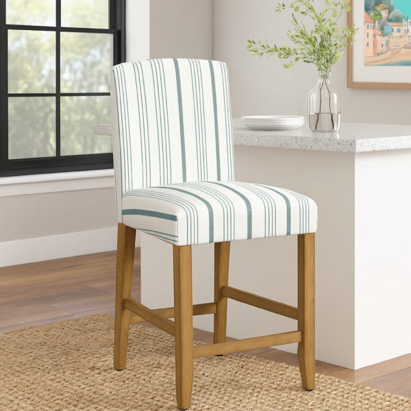 Pior Counter Stool Chair, Blue and White Stripe, Brown Wood Legs
