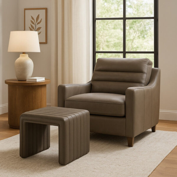 Ada Footstool Ottoman, Channel Tufted Gray Faux Leather, 19 Inch