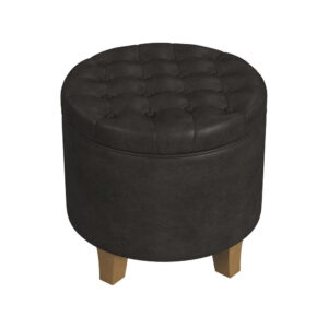Wes Round Storage Ottoman, Black Faux Leather, Hardwood, 19 Inch