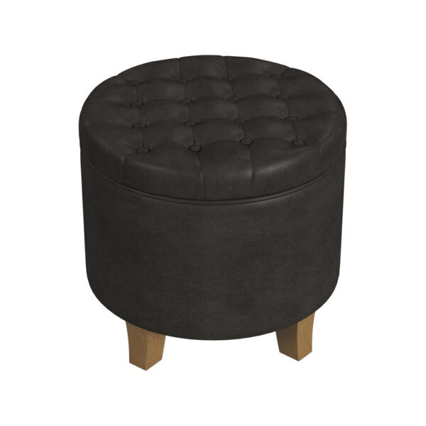 Wes Round Storage Ottoman, Black Faux Leather, Hardwood, 19 Inch