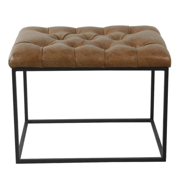 Ottoman Footstool, Black Metal, Brown Tufted Faux Leather 22 Inch