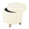 Loni Round Storage Ottoman, 19 Inch Beige Faux Sheepskin, Wood Legs