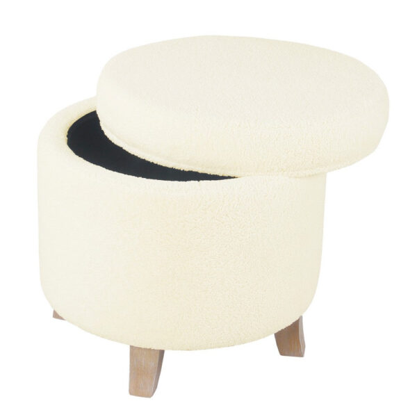 Loni Round Storage Ottoman, 19 Inch Beige Faux Sheepskin, Wood Legs