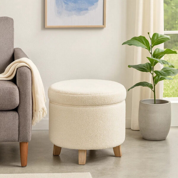 Loni Round Storage Ottoman, 19 Inch Beige Faux Sheepskin, Wood Legs