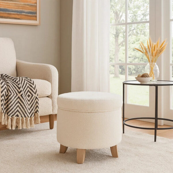 Loni Round Storage Ottoman, 19 Inch Beige Faux Sheepskin, Wood Legs