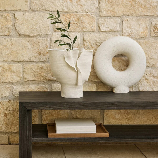 Tio Modern Vessel Vase, Flowing Petal Folds, White Porcelain 13 Inch