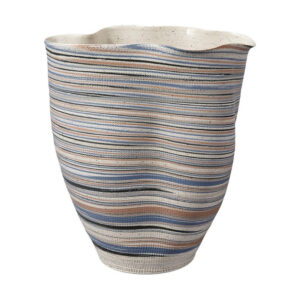 Kerya Decorative Vase, 13 Inch White Blue Striped, Wavy Rim Porcelain