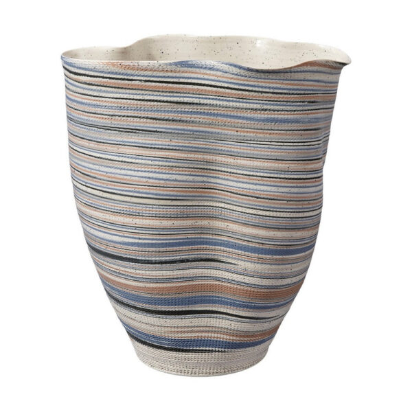 Kerya Decorative Vase, 13 Inch White Blue Striped, Wavy Rim Porcelain
