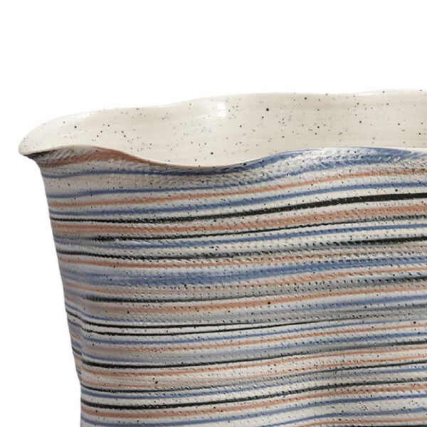 Kerya Decorative Vase, 13 Inch White Blue Striped, Wavy Rim Porcelain