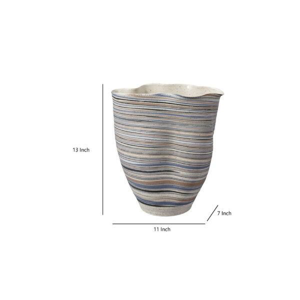 Kerya Decorative Vase, 13 Inch White Blue Striped, Wavy Rim Porcelain