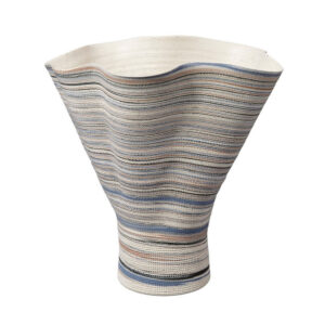 Kerya Decorative Vase, 16 Inch White Blue Striped, Wavy Rim Porcelain