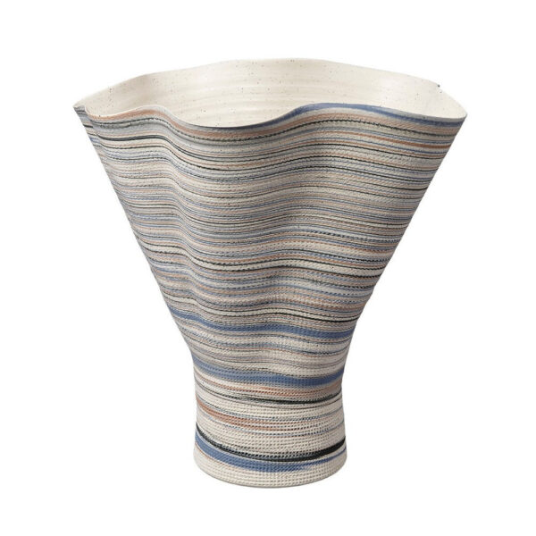 Kerya Decorative Vase, 16 Inch White Blue Striped, Wavy Rim Porcelain