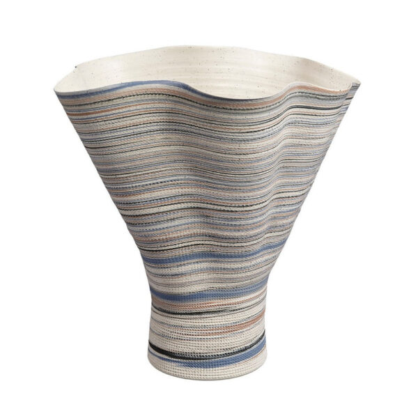 Kerya Decorative Vase, 16 Inch White Blue Striped, Wavy Rim Porcelain