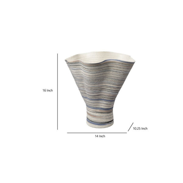 Kerya Decorative Vase, 16 Inch White Blue Striped, Wavy Rim Porcelain