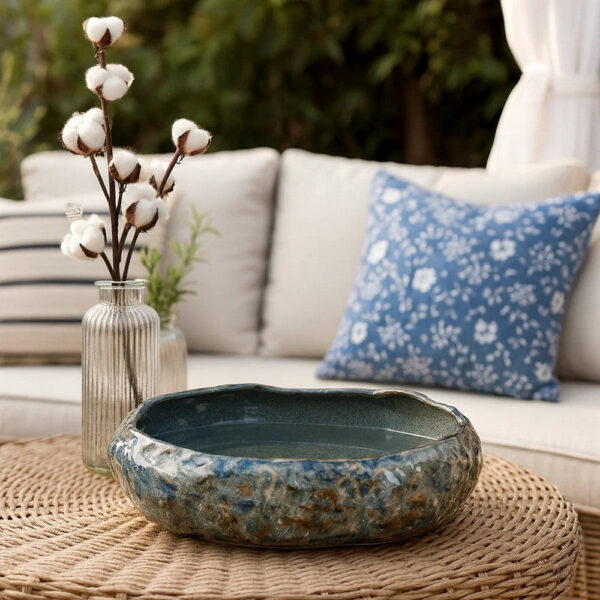 Erya Decorative Bowl, Uneven Wavy Rim, 17 Inch Glazed Gray Ceramic