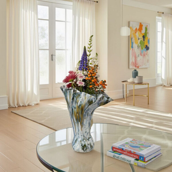 Tery Decorative Vase, 16 Inch Glossy Ocean Blue Ceramic, Wavy Fishtail