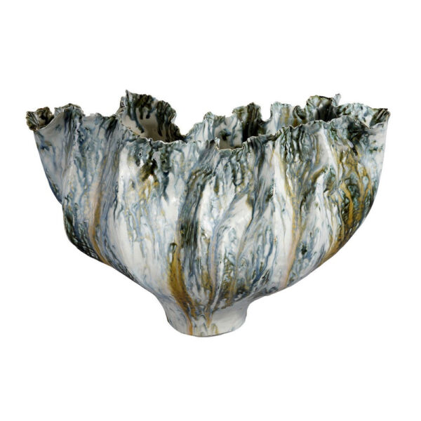 Tery Decorative Vase, Wavy Fishtail, 16 Inch Glossy Blue White Ceramic