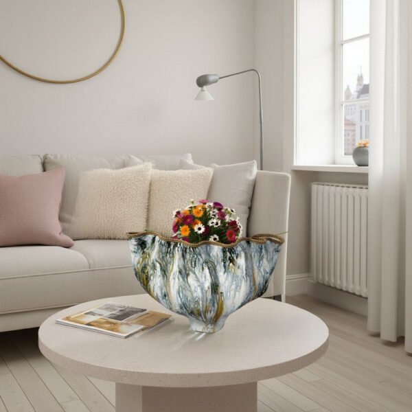 Tery Decorative Vase, Wavy Fishtail, 16 Inch Glossy Blue White Ceramic