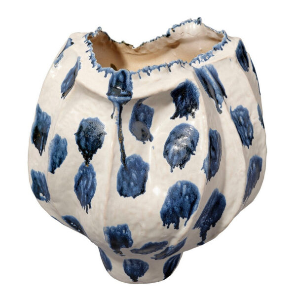 Nery Decorative Vase, Ruffled Edge, Blue White Patchwork Ceramic