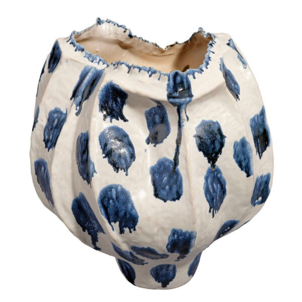 Nery Decorative Vase, Ruffled Edge, Blue White Patchwork Ceramic