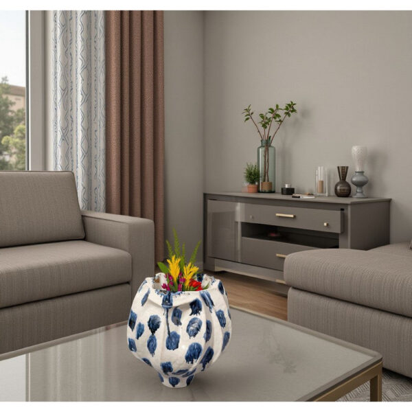 Nery Decorative Vase, Ruffled Edge, Blue White Patchwork Ceramic