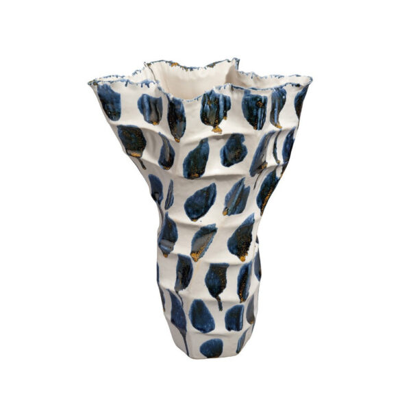 Nery Decorative Vase, Blue White Patchwork Ceramic, Ruffled Edge