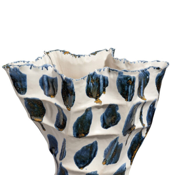 Nery Decorative Vase, Blue White Patchwork Ceramic, Ruffled Edge
