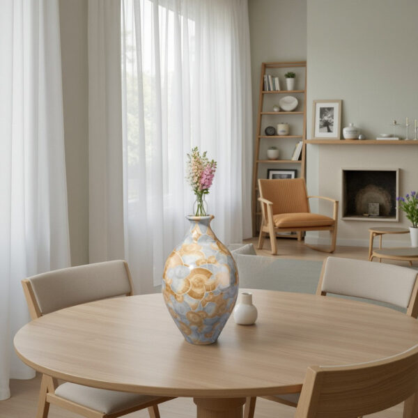 Aery Decorative Vase, Printed Pattern Glossy Blue Ceramic, 12 Inch