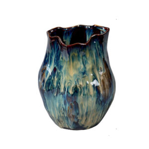 Fera Decorative Flower Vase, Ruffled Edge, 9 Inch Shiny Blue Ceramic