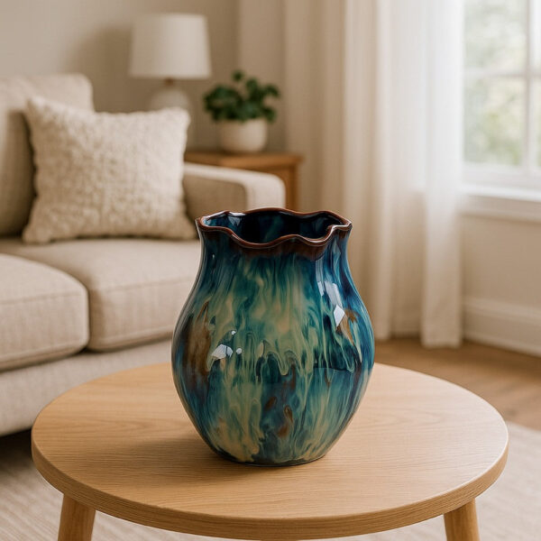 Fera Decorative Flower Vase, Ruffled Edge, 9 Inch Shiny Blue Ceramic